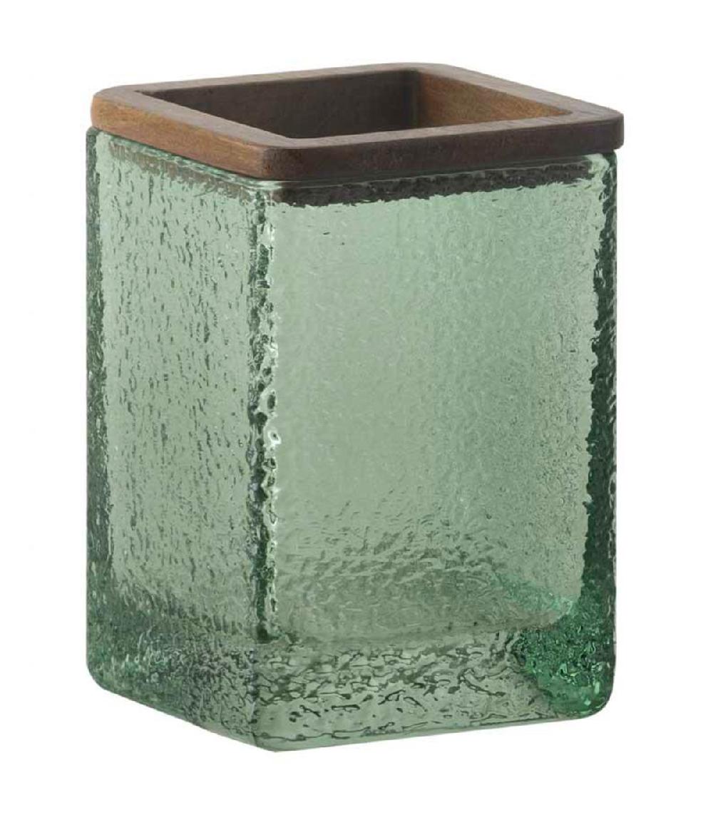 wadiga Porte brosse à dents en verre martelé vert et bois 7.5x7.5x11cm