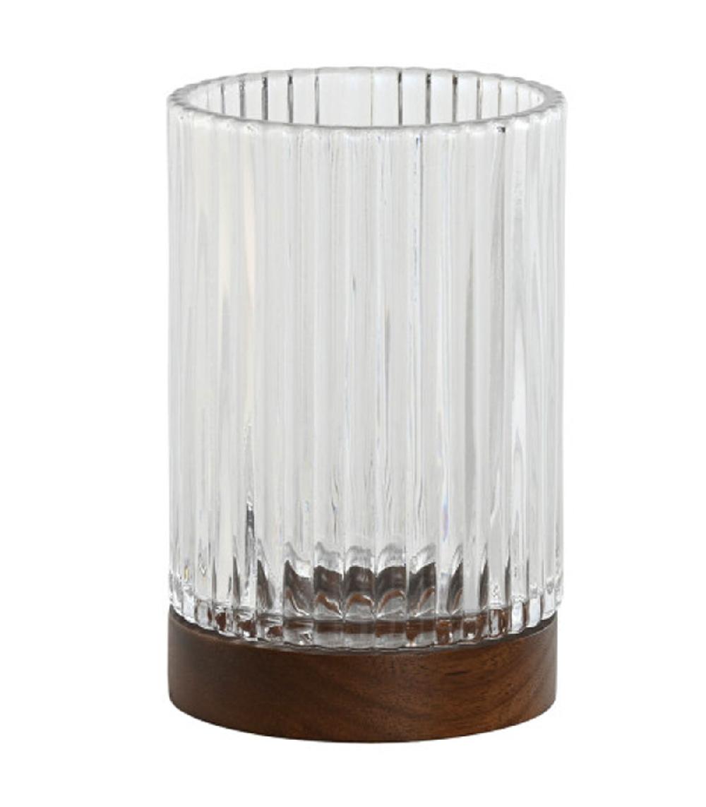wadiga Porte brosse à dents en verre strié et bois d'acacia 7.5x7.5x11.5cm