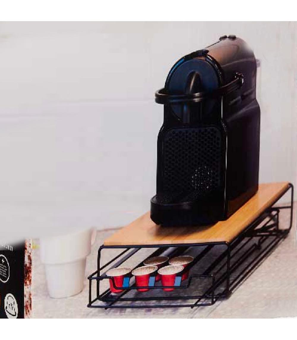 Wadiga Porte-capsules Avec Support Cafetière En Métal Noir Et Bambou