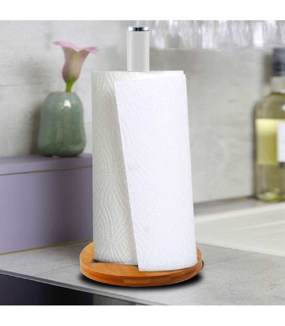 Wadiga Porte Rouleau Essuie-tout Bambou Blanc 15x15x34cm