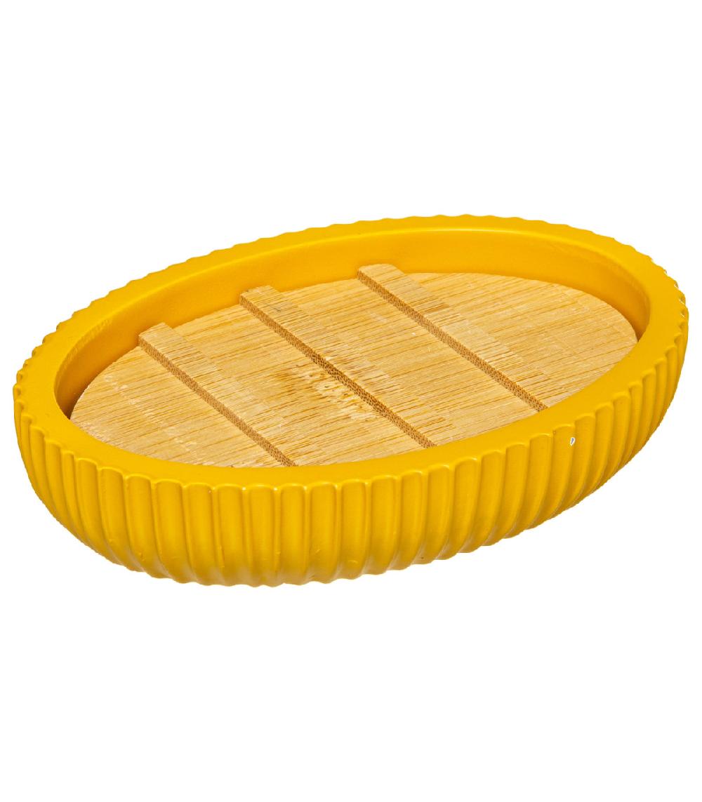 wadiga Porte savon polyrésine jaune et bambou - 12.5x9x2.5cm