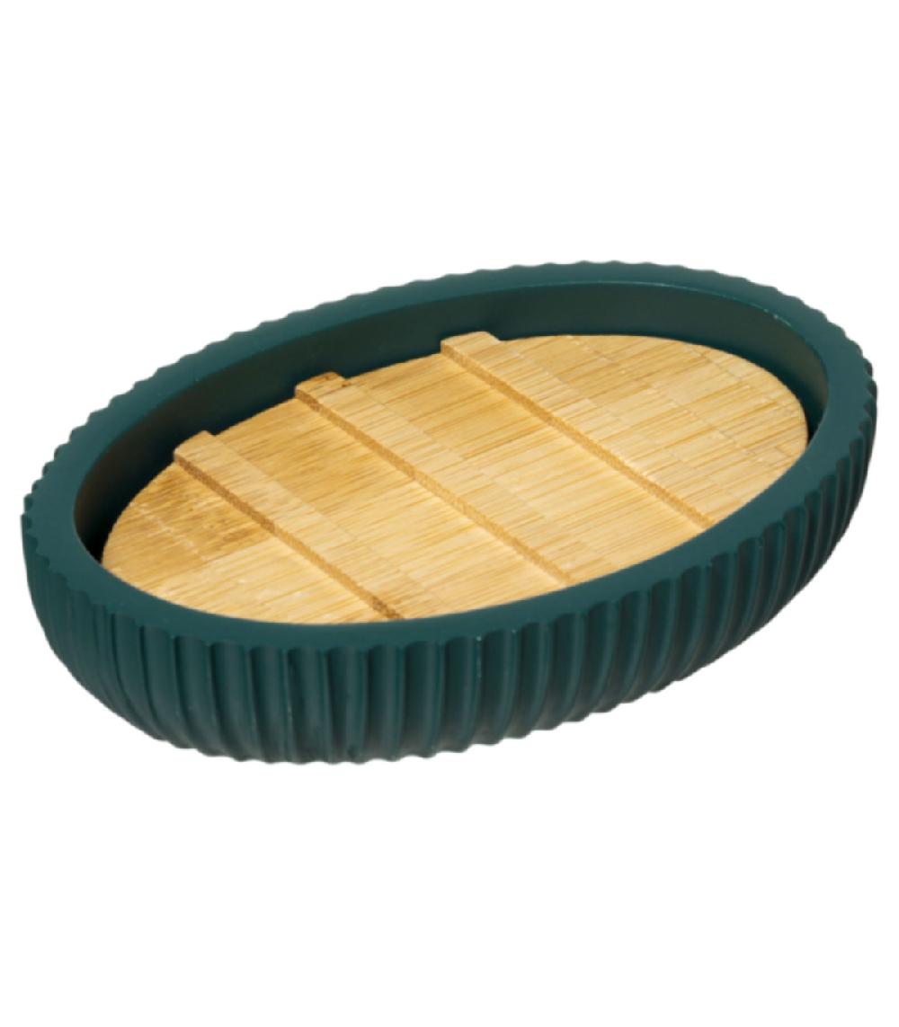 wadiga Porte savon polyrésine vert pétrole et bambou - 12.5x9x2.5cm
