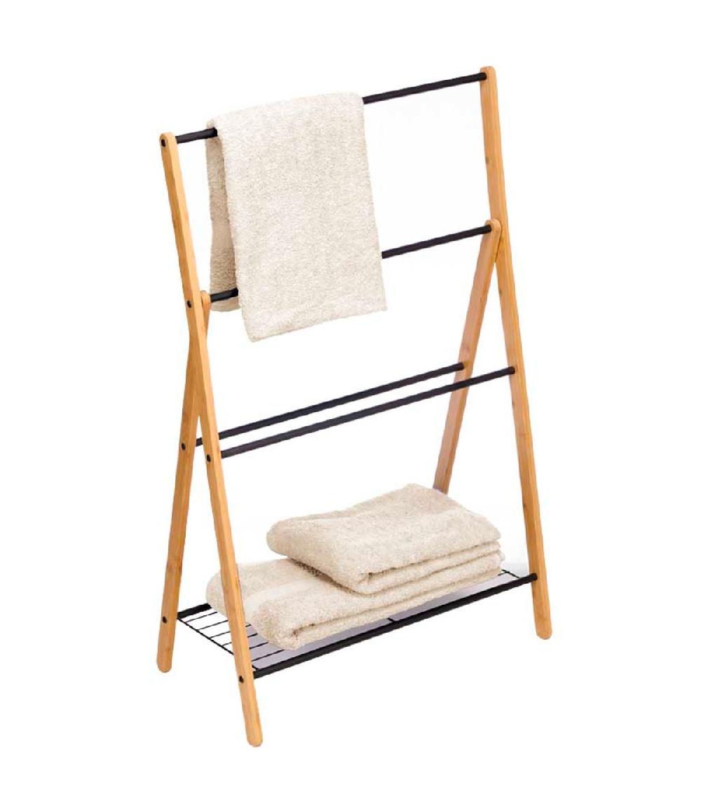Wadiga Porte Serviette à Poser En Bambou En Métal Noir 37x60x90cm