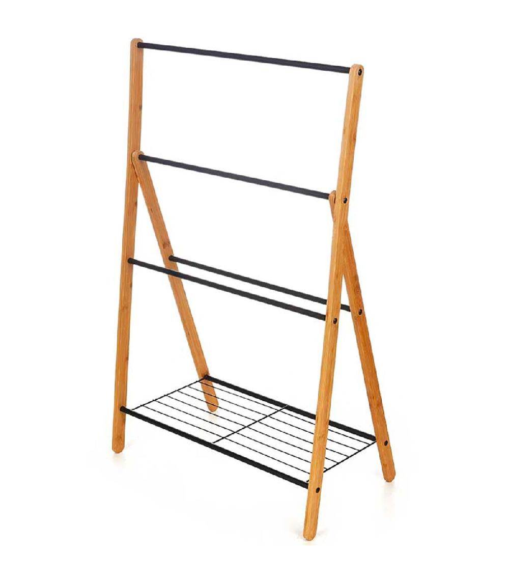 wadiga Porte serviette à poser en bambou en métal noir 37x60x90cm