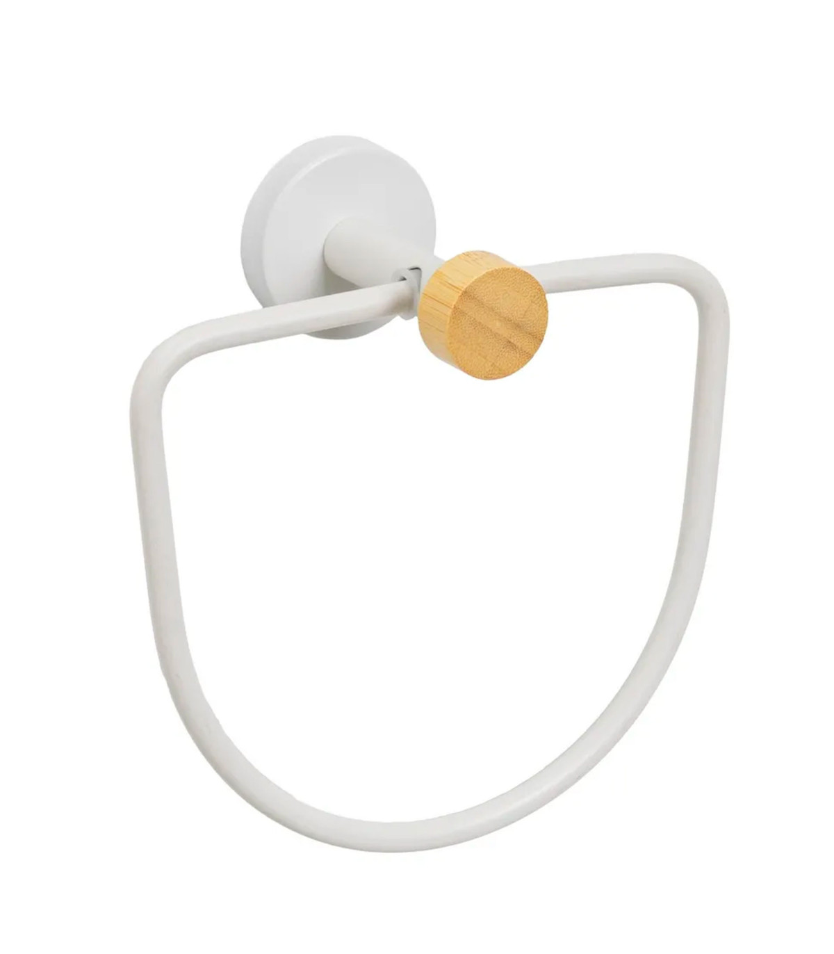 wadiga Porte-serviette mural anneau en métal blanc et bambou 17x9x18cm