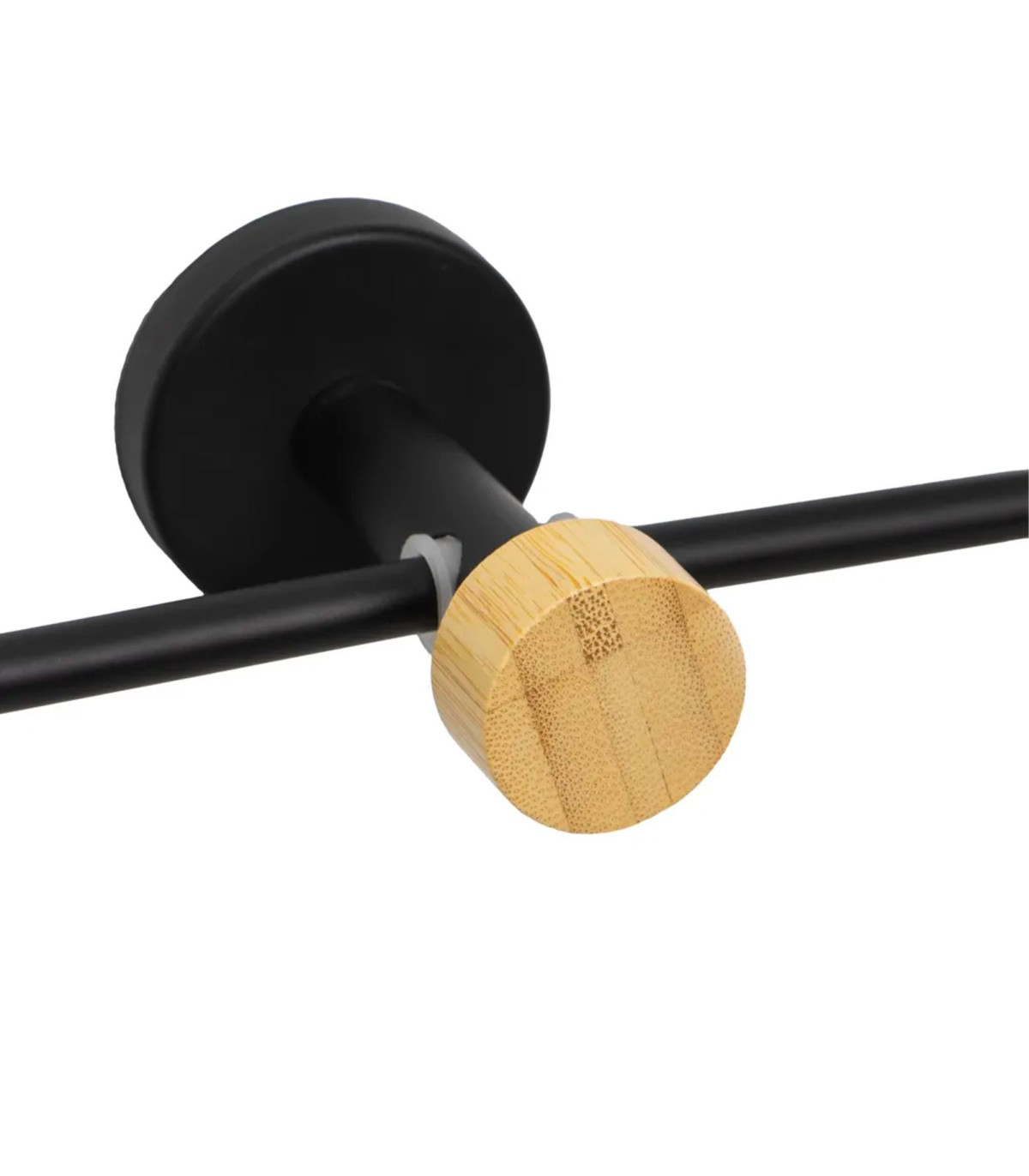 Wadiga Porte-serviette Mural Anneau En Métal Noir Et Bambou 17x9x18cm