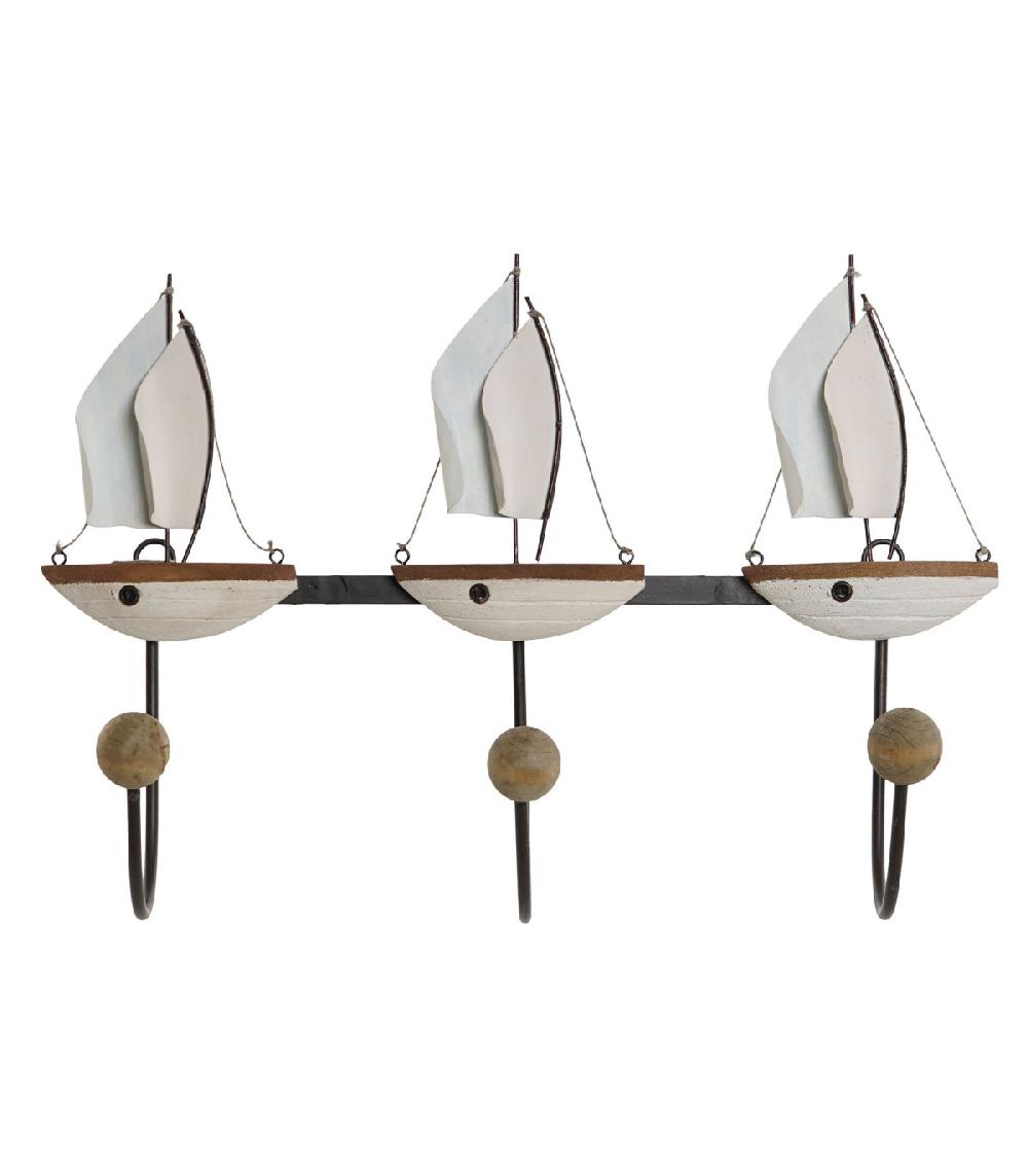 wadiga Portemanteau mural bois et métal bateaux 39x10x26.5cm