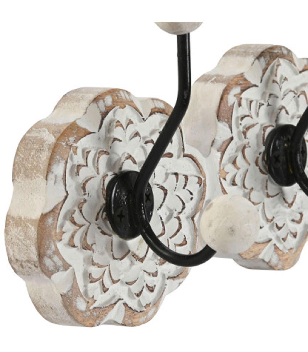 Wadiga Portemanteau Mural Fleurs Bois De Mangue Cérusé Et Métal 42x8x14cm