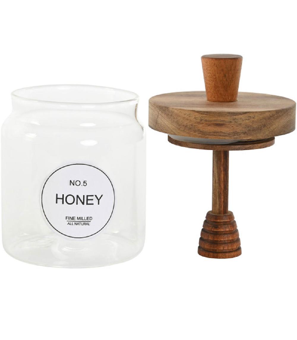 Wadiga Pot à Miel Verre Et Bois D'acacia 9x9x13.5cm