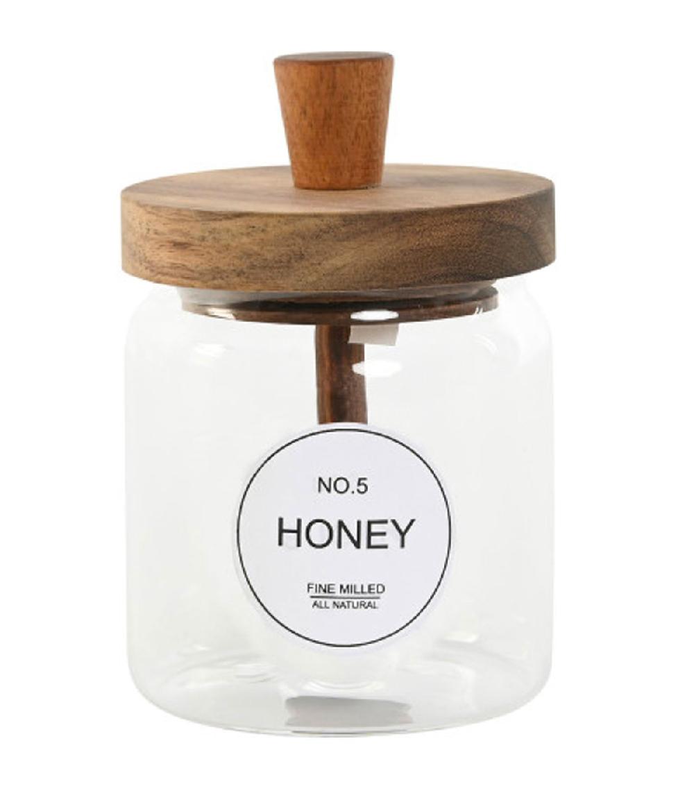 wadiga Pot à miel verre et bois d'acacia 9x9x13.5cm