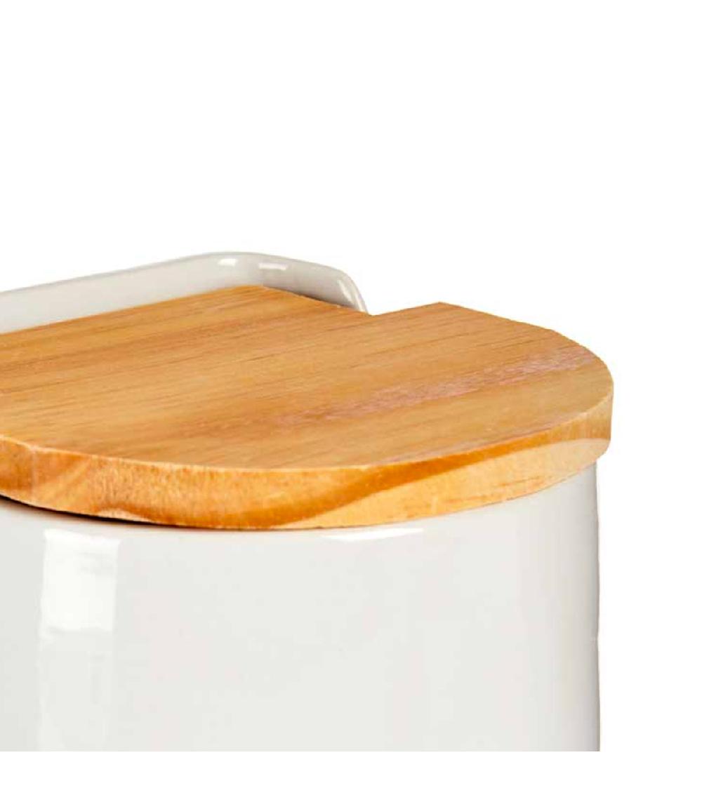 Wadiga Pot à Sel En Céramique Blanc Et Couvercle Bambou 11x11x9cm