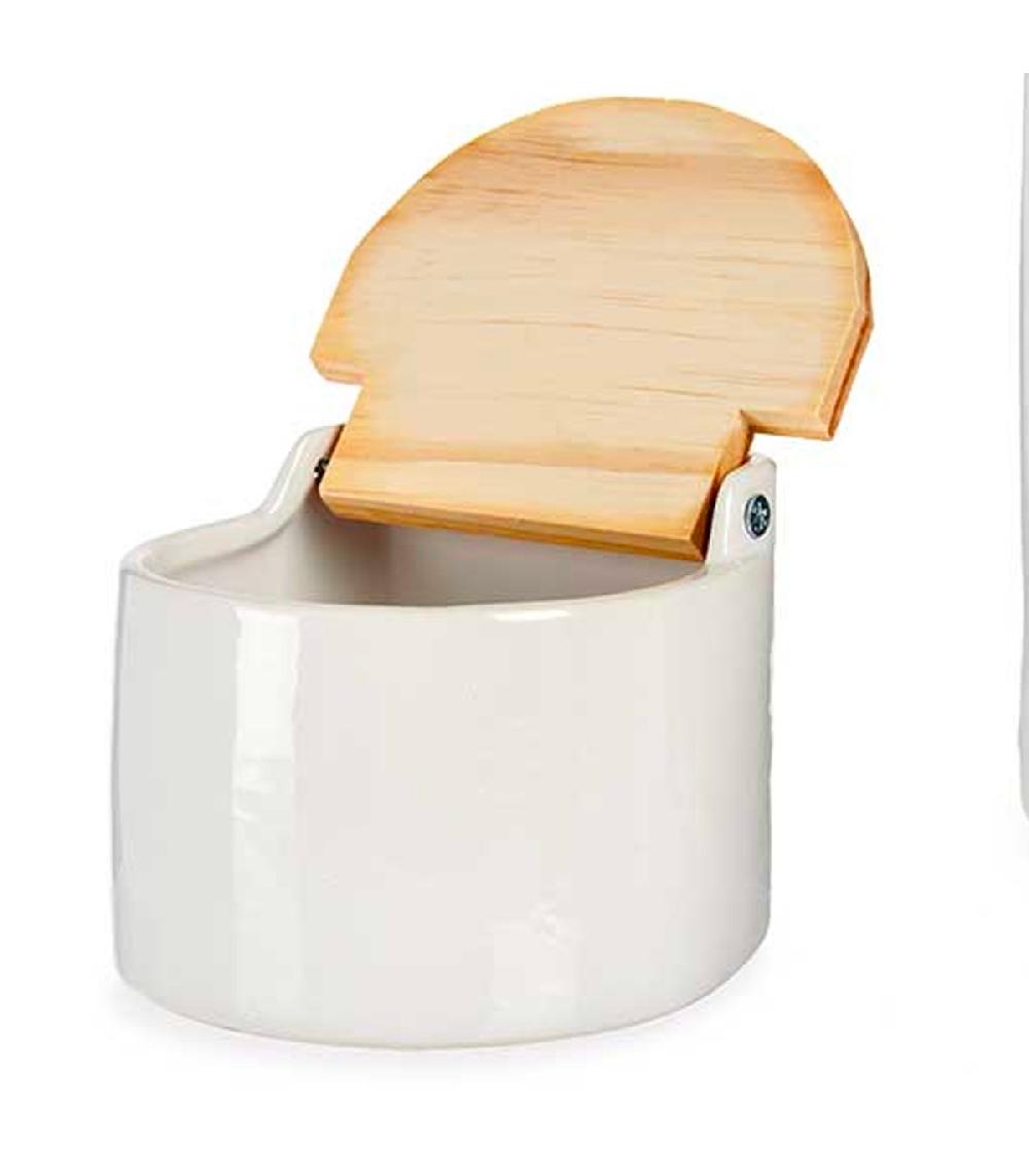 Wadiga Pot à Sel En Céramique Blanc Et Couvercle Bambou 11x11x9cm