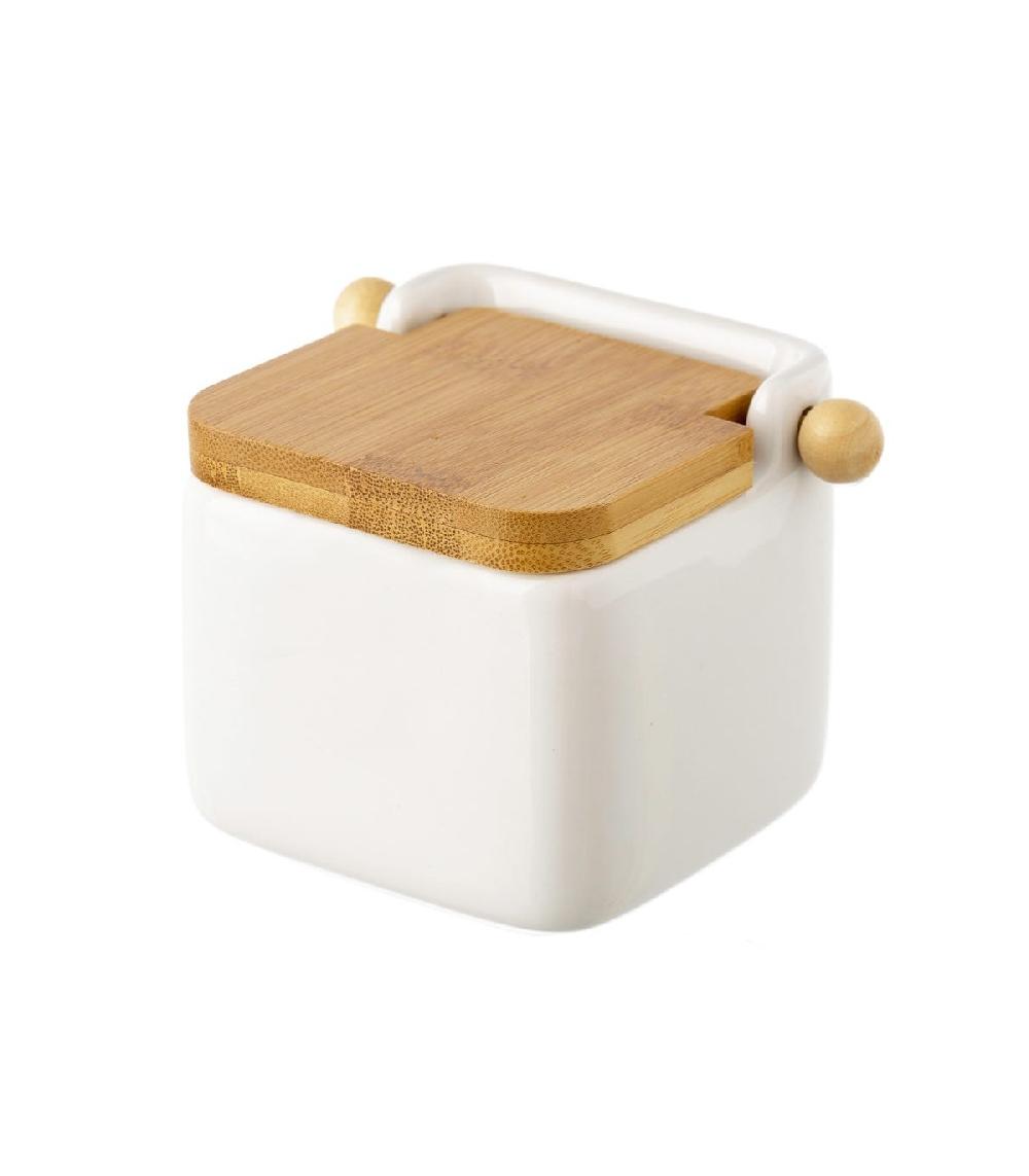 wadiga Pot à sel en céramique blanc et couvercle bambou - 12x12x11cm
