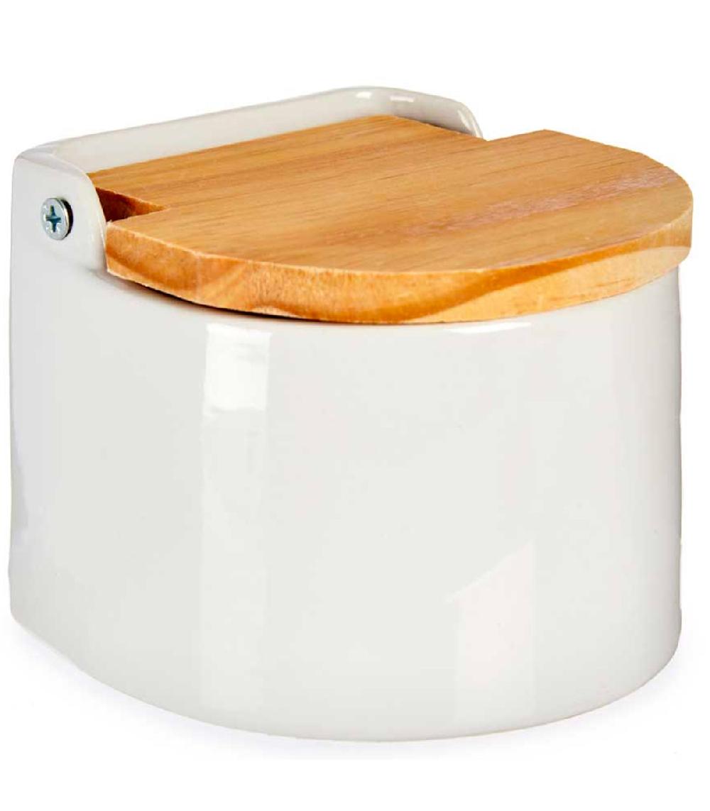 wadiga Pot à sel en céramique blanc et couvercle bambou 11x11x9cm