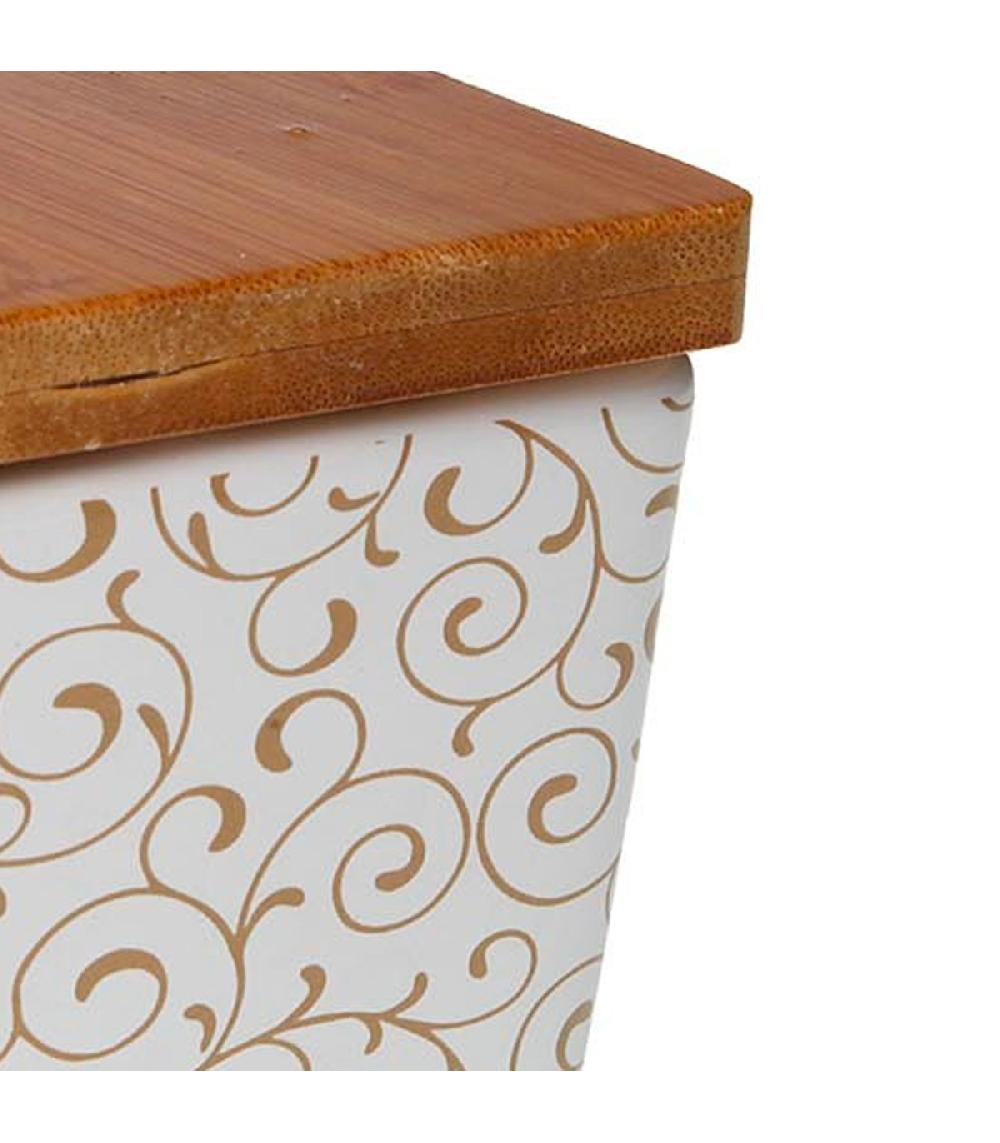 Wadiga Pot à Sel En Céramique Et Couvercle Bambou Fleurs 9x9x8.5cm