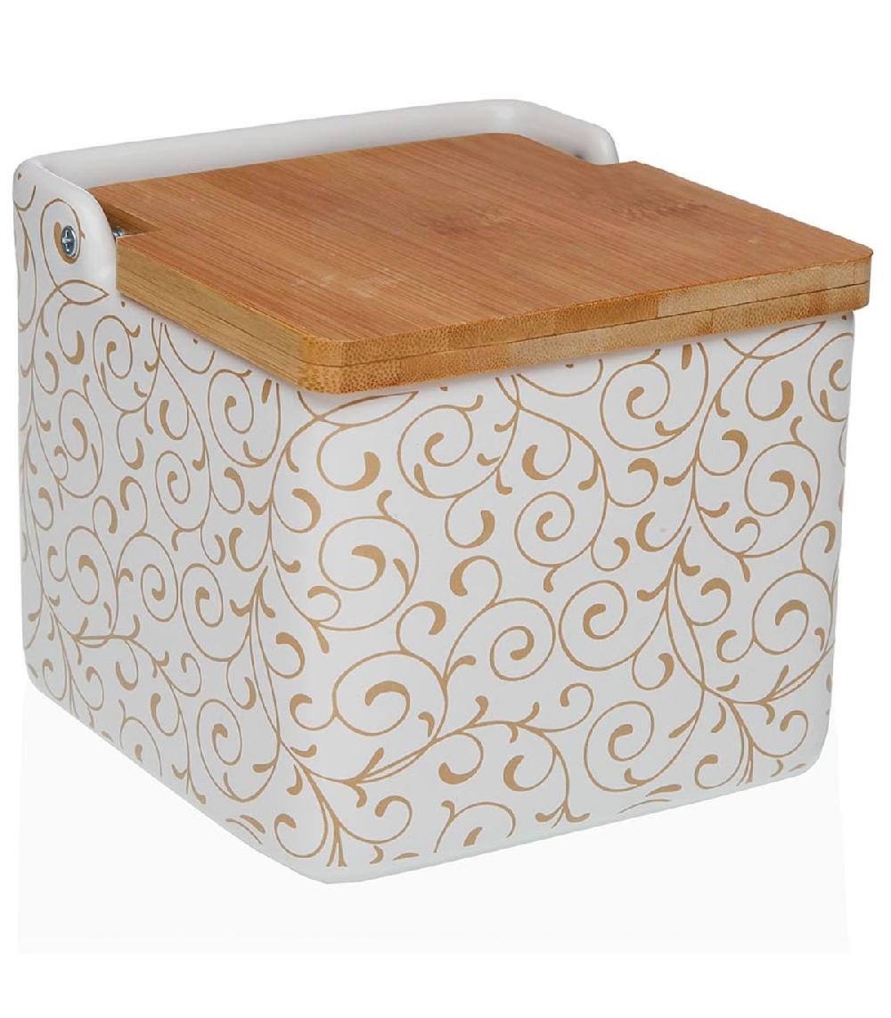 wadiga Pot à sel en céramique et couvercle bambou fleurs 12x12x11.5cm