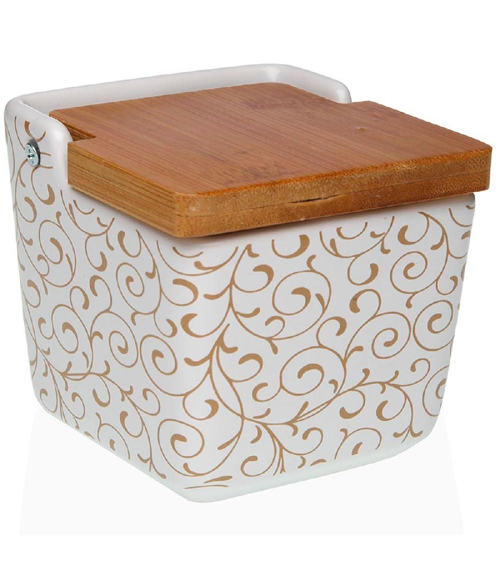 wadiga Pot à sel en céramique et couvercle bambou fleurs 9x9x8.5cm