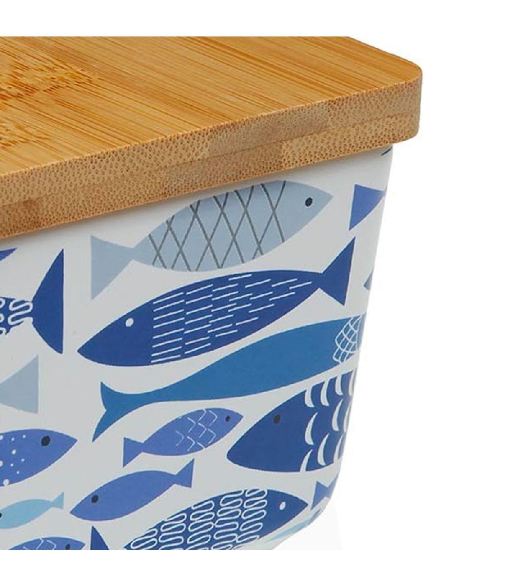 Wadiga Pot à Sel En Céramique Et Couvercle Bambou Poissons Bleus 9x9x8.5cm