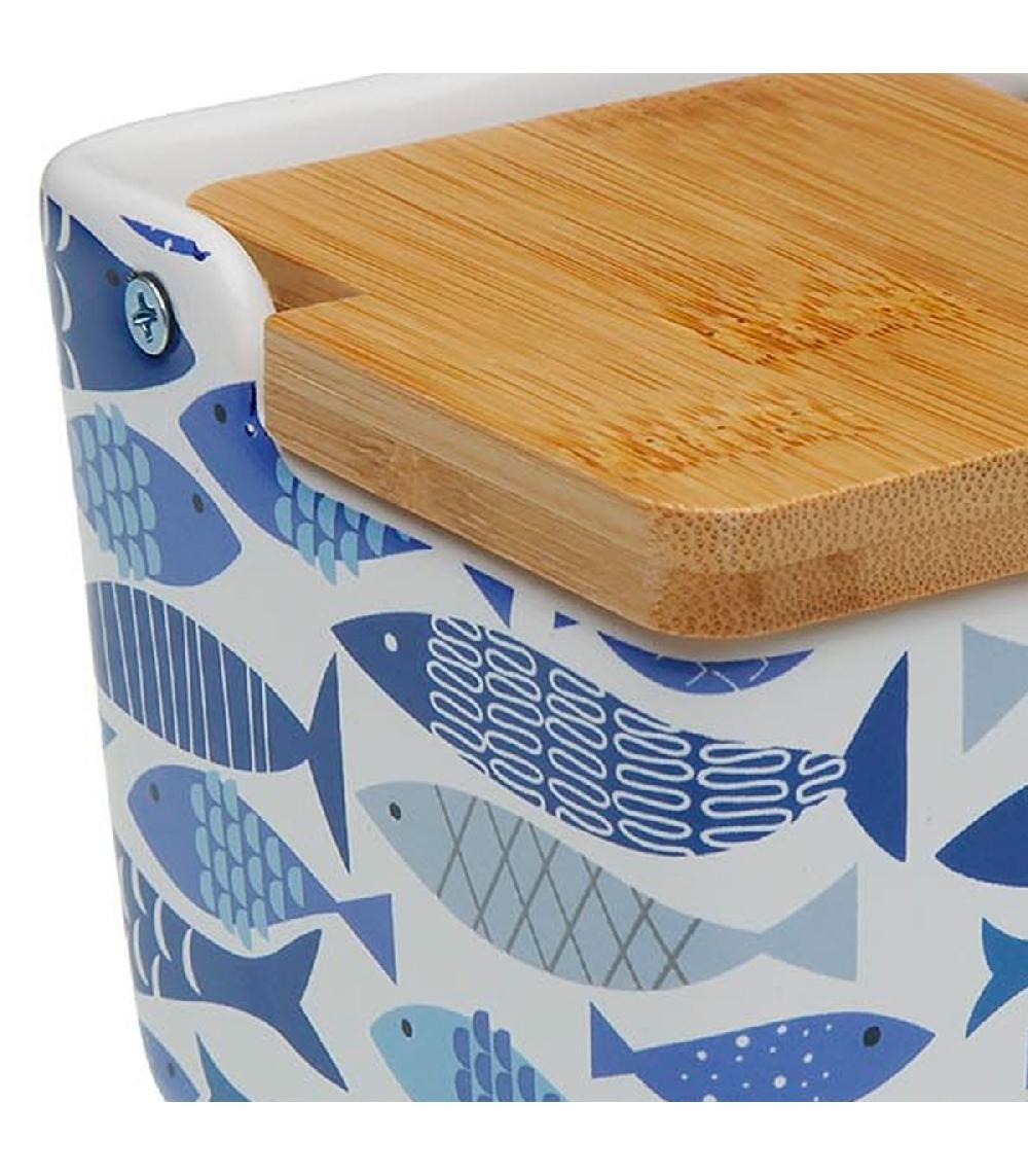 Wadiga Pot à Sel En Céramique Et Couvercle Bambou Poissons Bleus 9x9x8.5cm