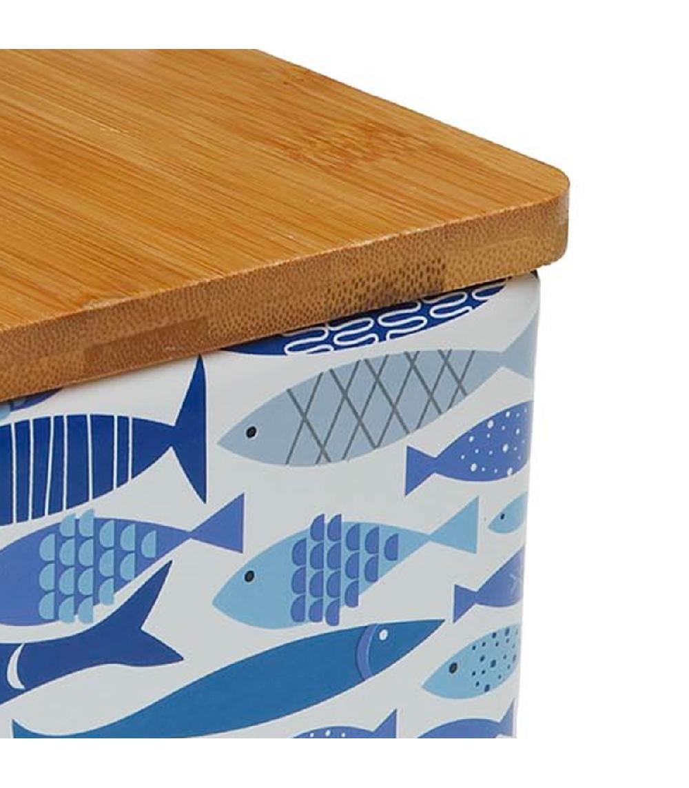 Wadiga Pot à Sel En Céramique Et Couvercle Bambou Poissons Bleus 12x12x11.5cm