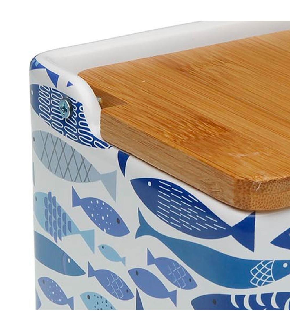 Wadiga Pot à Sel En Céramique Et Couvercle Bambou Poissons Bleus 12x12x11.5cm