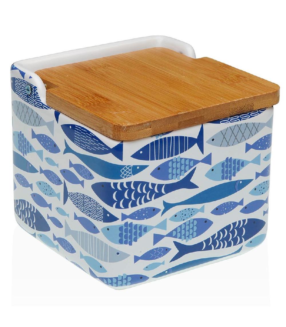 wadiga Pot à sel en céramique et couvercle bambou poissons bleus 12x12x11.5cm