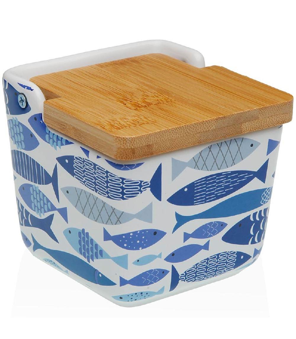 wadiga Pot à sel en céramique et couvercle bambou poissons bleus 9x9x8.5cm