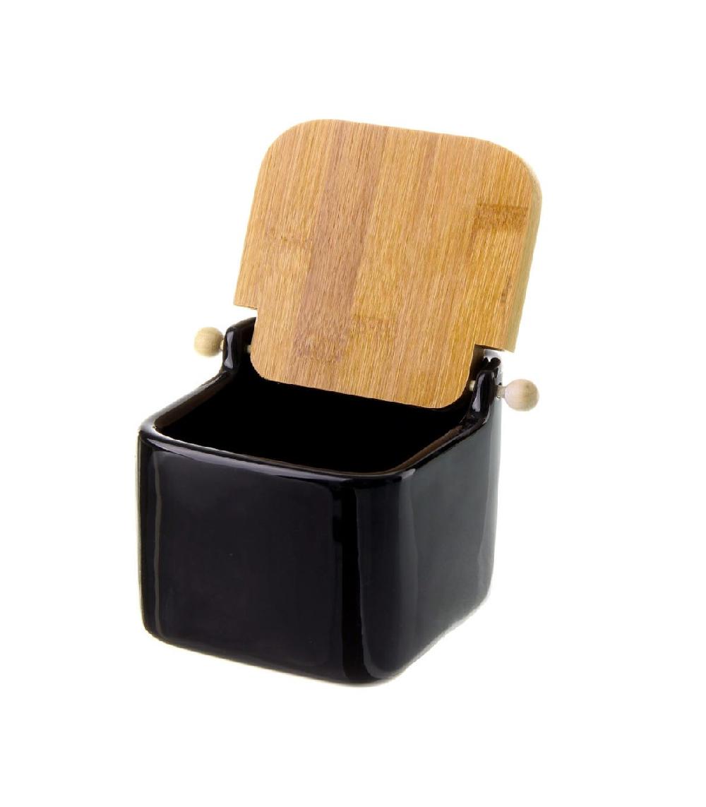 Wadiga Pot à Sel En Céramique Noir Et Couvercle Bambou - 12x12x11cm