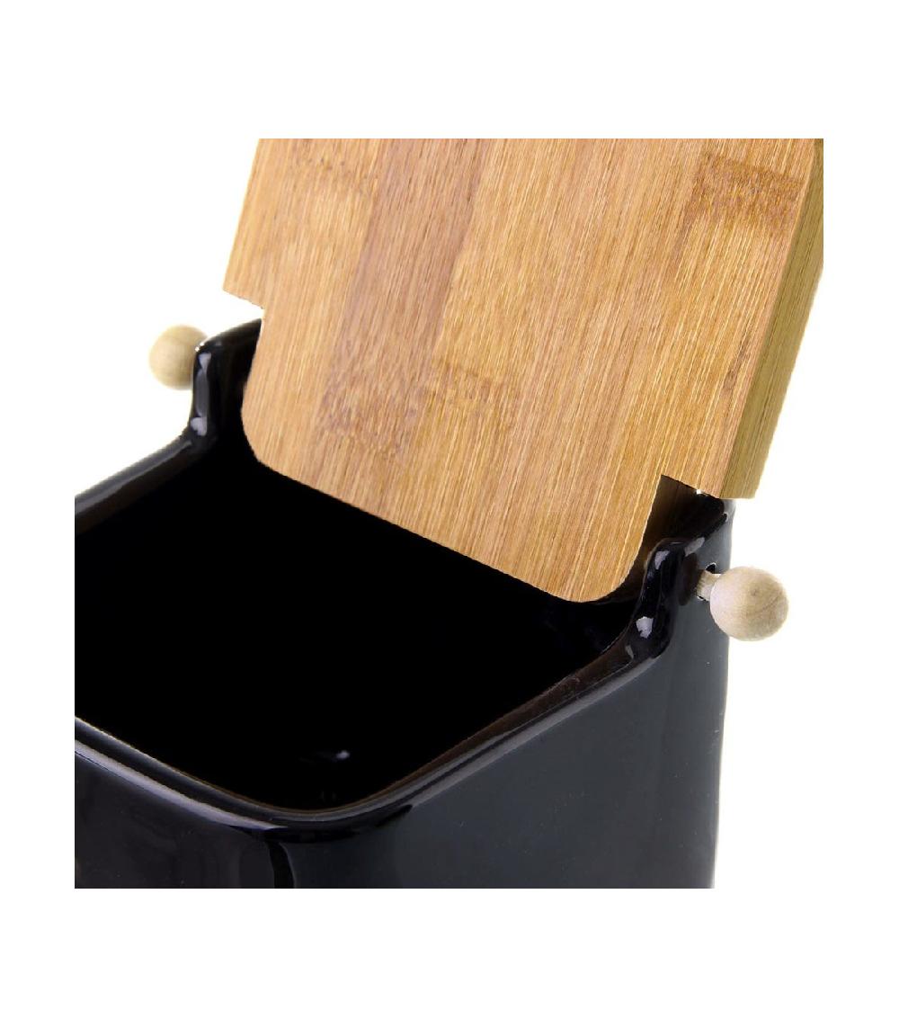 Wadiga Pot à Sel En Céramique Noir Et Couvercle Bambou - 12x12x11cm