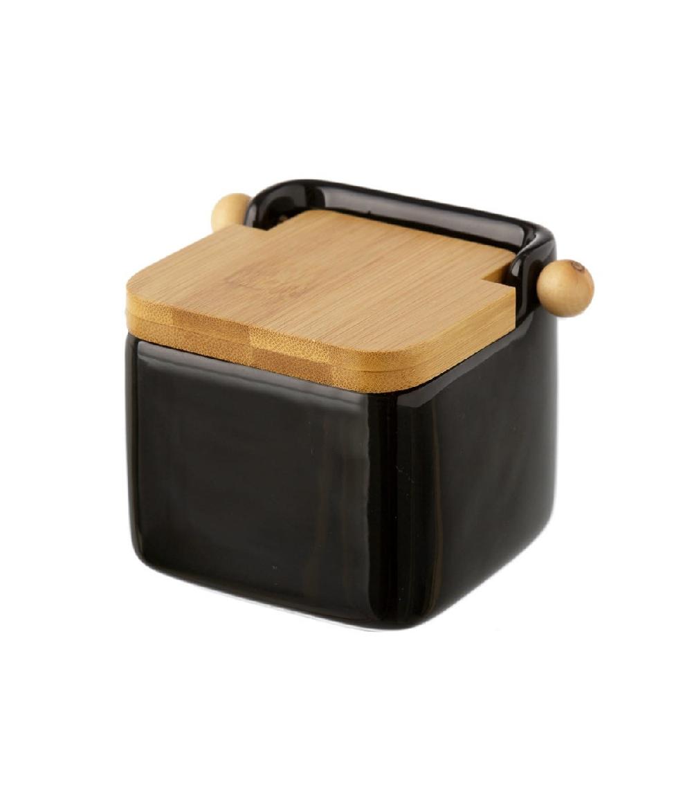 wadiga Pot à sel en céramique noir et couvercle bambou - 12x12x11cm
