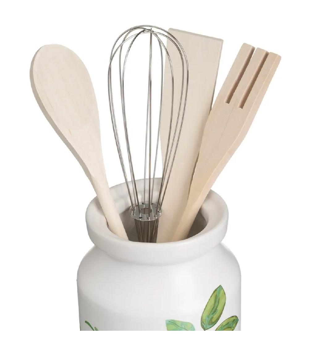Wadiga Pot Ustensiles De Cuisine En Céramique Blanche Motif Feuillage
