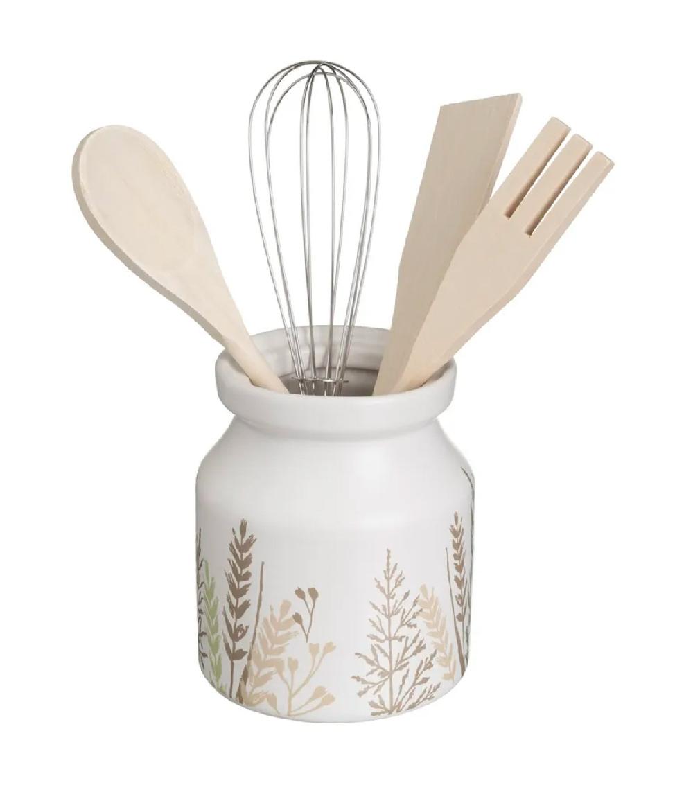 wadiga Pot ustensiles de cuisine en céramique blanche motif herbes