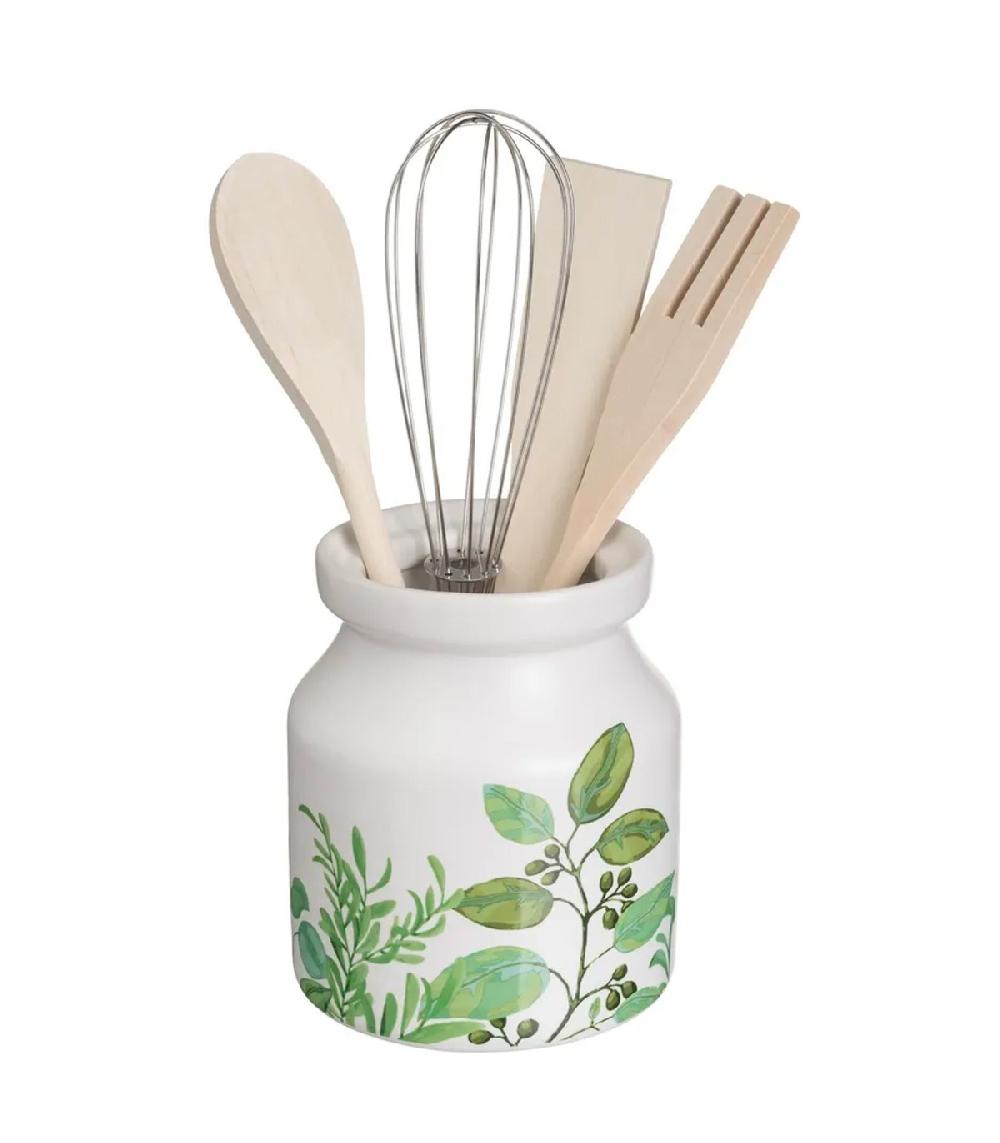wadiga Pot ustensiles de cuisine en céramique blanche motif feuillage