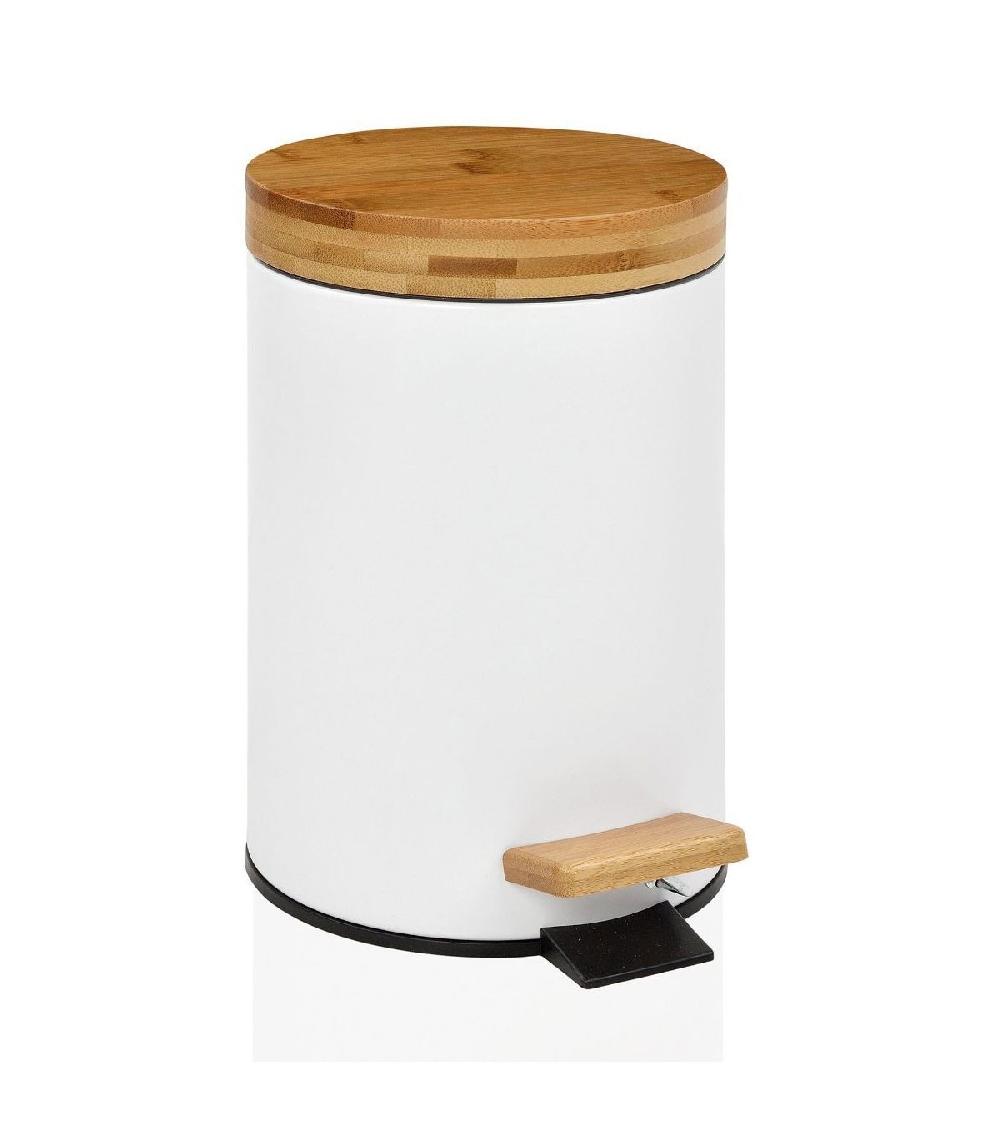 wadiga Poubelle de Salle de Bain en Métal Blanc Couvercle Bambou - 3L
