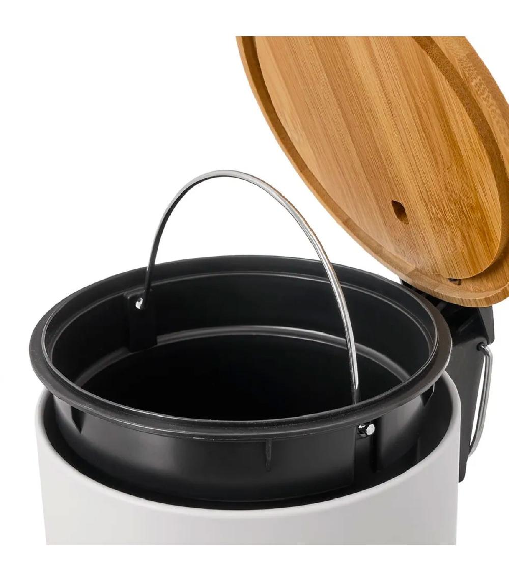 Wadiga Poubelle De Salle De Bain En Métal Blanc Et Bambou 5L