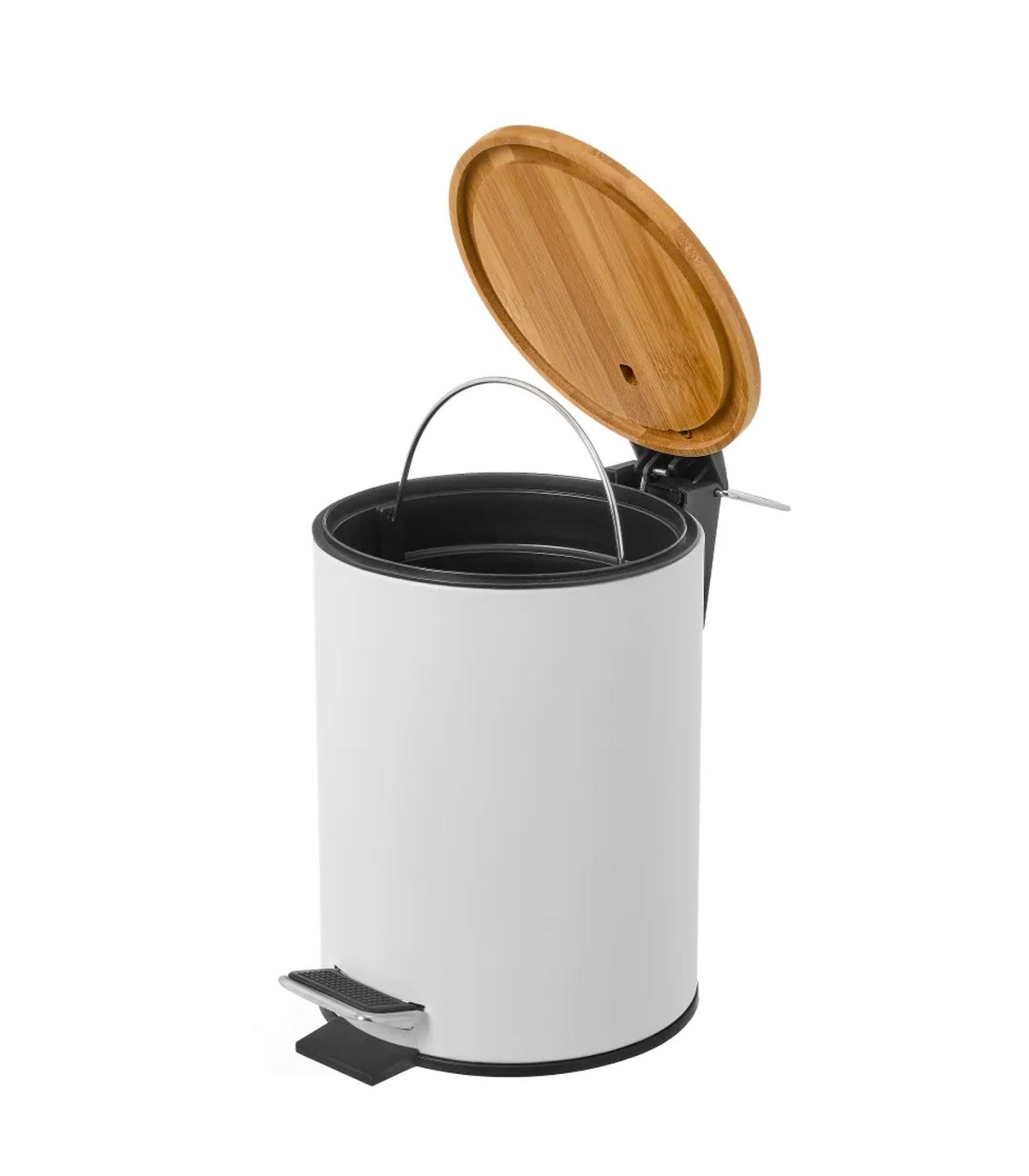Wadiga Poubelle De Salle De Bain En Métal Blanc Et Bambou 3L
