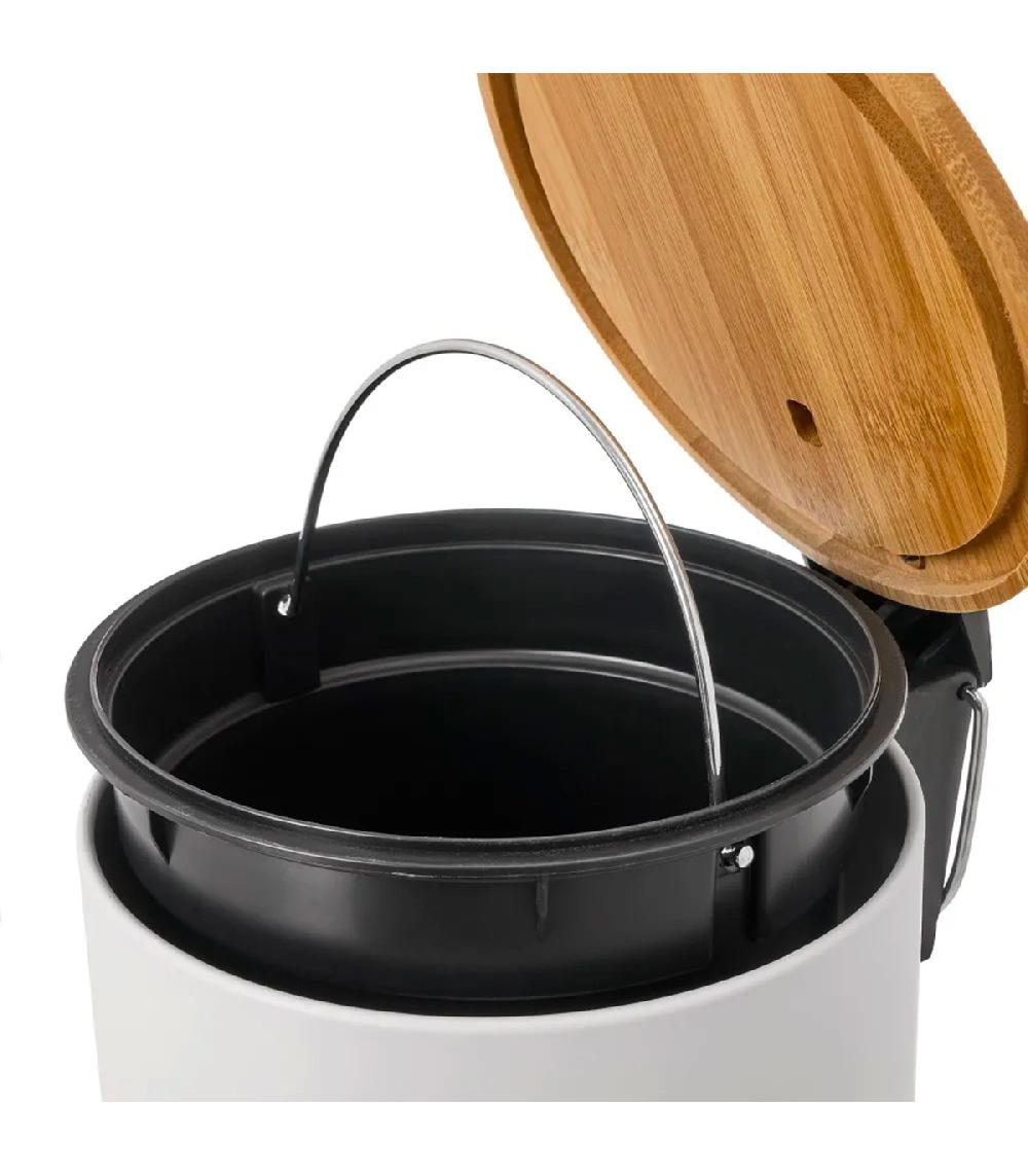 Wadiga Poubelle De Salle De Bain En Métal Blanc Et Bambou 3L