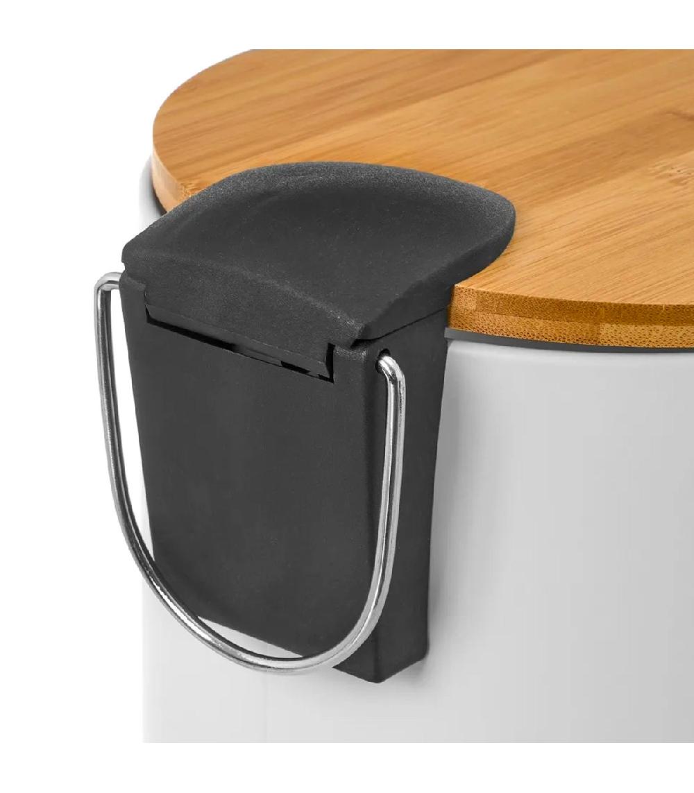 Wadiga Poubelle De Salle De Bain En Métal Blanc Et Bambou 3L