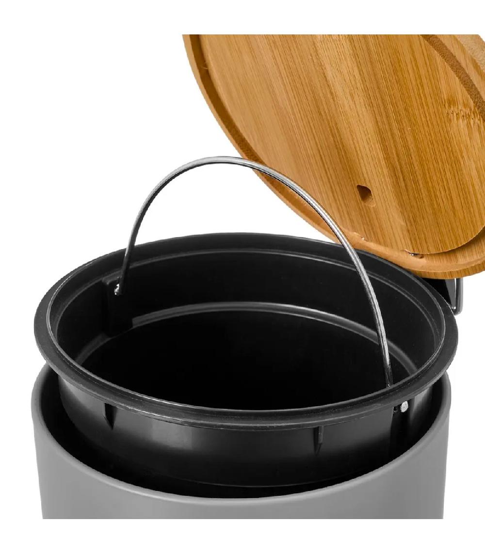 Wadiga Poubelle De Salle De Bain En Métal Gris Et Bambou 5L