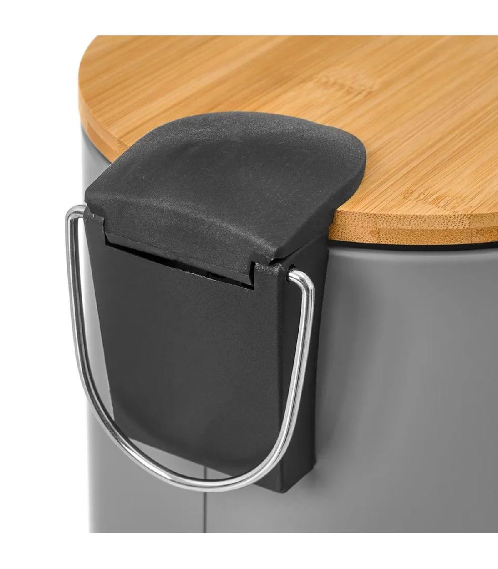 Wadiga Poubelle De Salle De Bain En Métal Gris Et Bambou 5L
