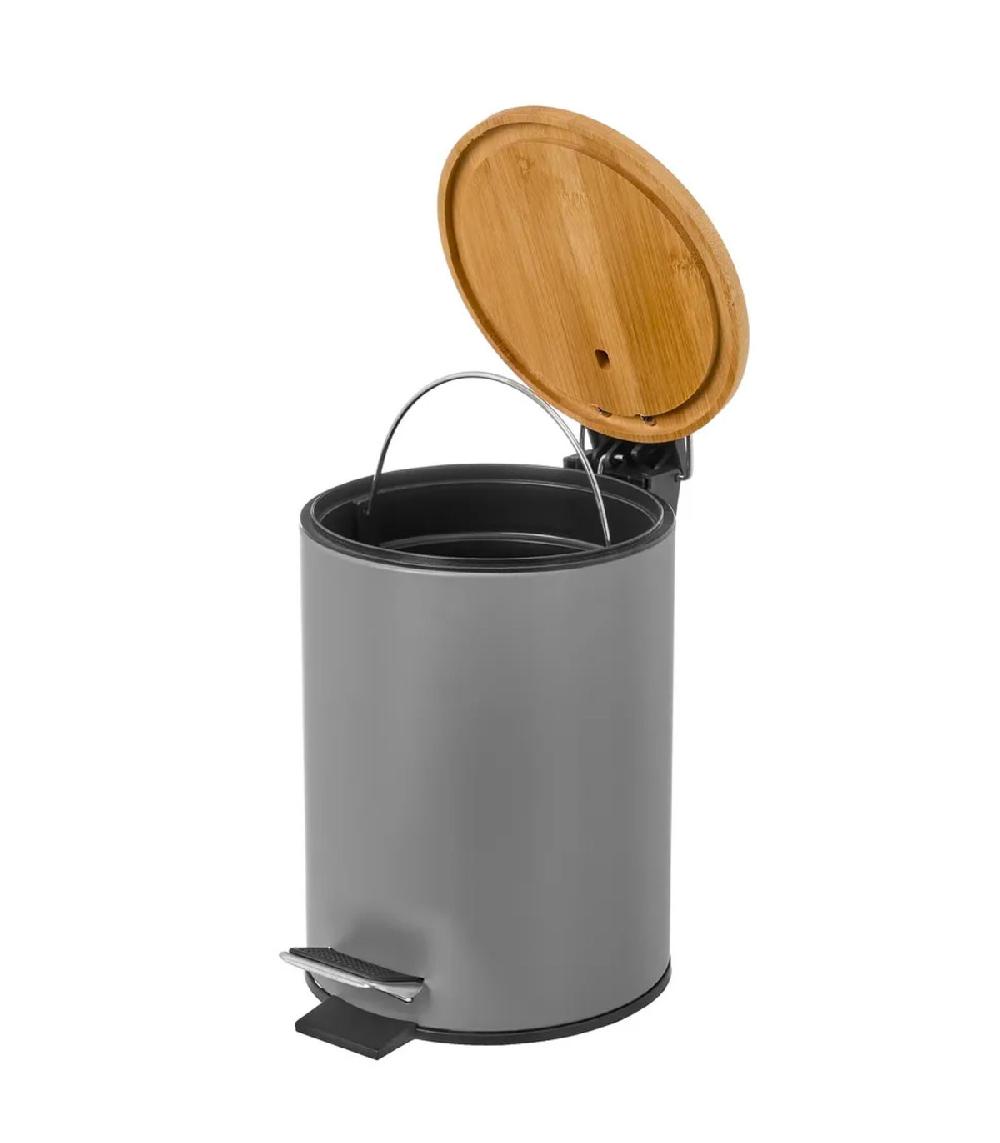 Wadiga Poubelle De Salle De Bain En Métal Gris Et Bambou 5L
