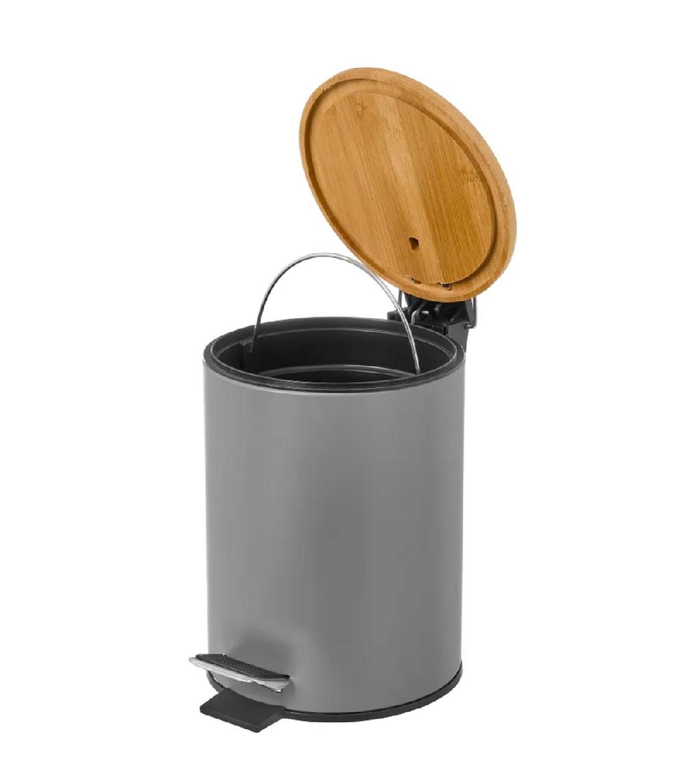 Wadiga Poubelle De Salle De Bain En Métal Gris Et Bambou 3L