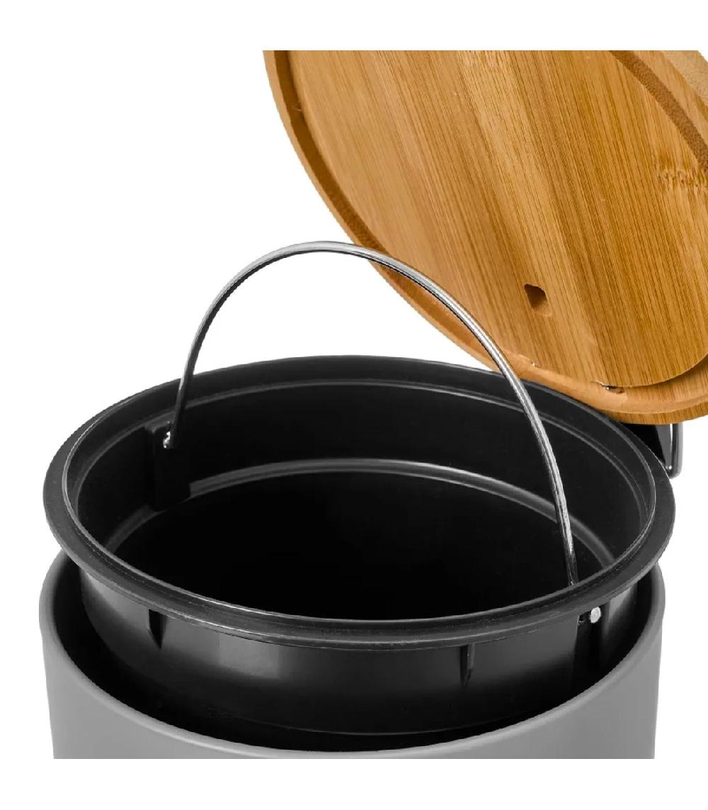 Wadiga Poubelle De Salle De Bain En Métal Gris Et Bambou 3L
