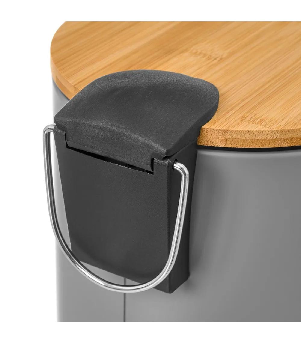 Wadiga Poubelle De Salle De Bain En Métal Gris Et Bambou 3L