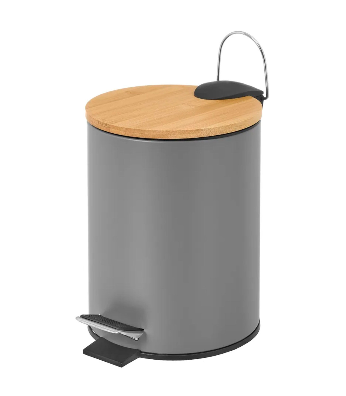 wadiga Poubelle de salle de bain en métal gris et bambou 3L
