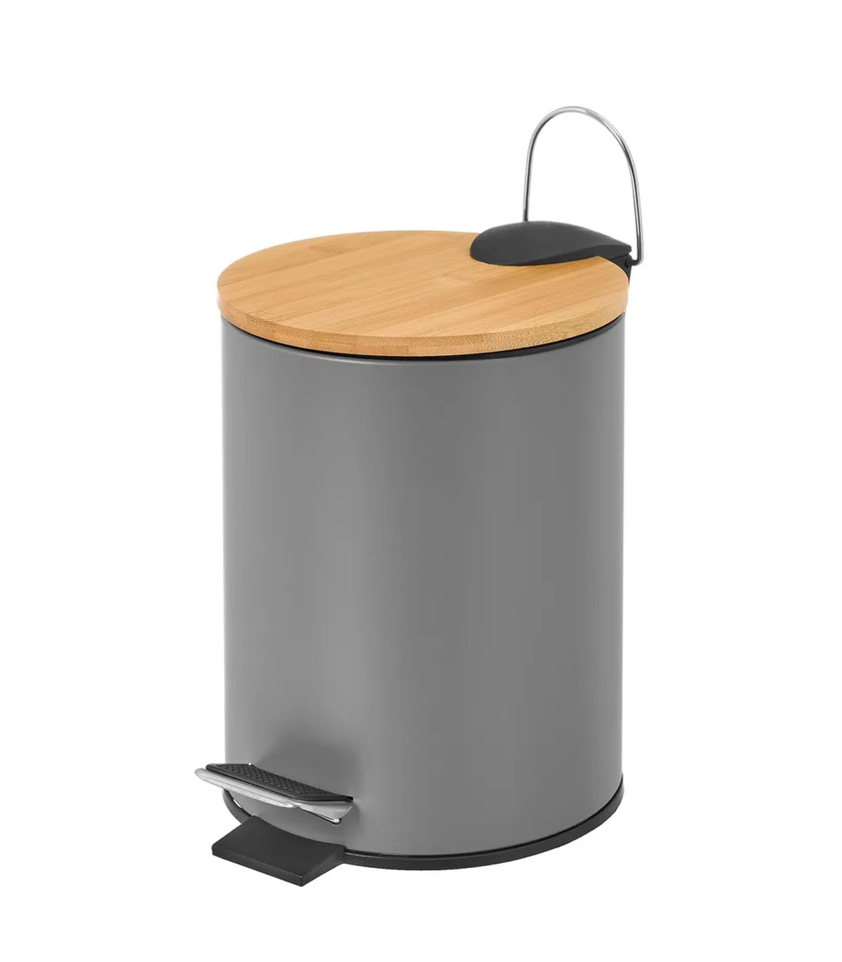 wadiga Poubelle de salle de bain en métal gris et bambou 5L
