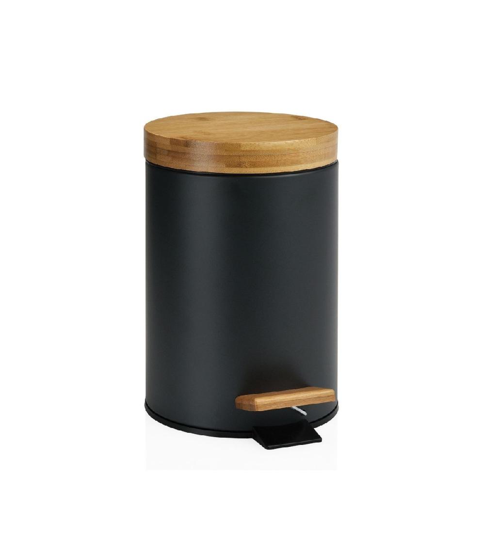 wadiga Poubelle de Salle de Bain en Métal Noir Couvercle Bambou - 3L