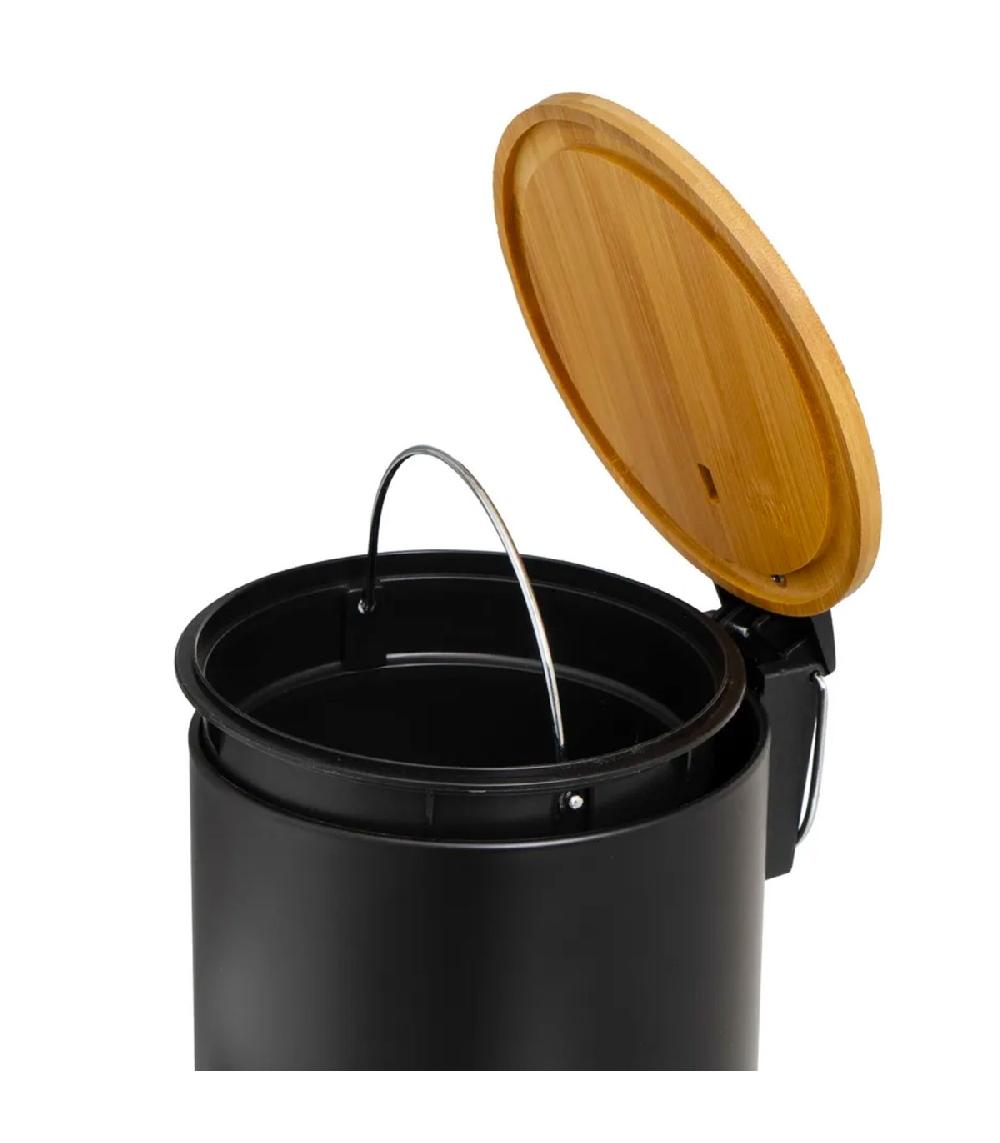 Wadiga Poubelle De Salle De Bain En Métal Noir Et Bambou 5L