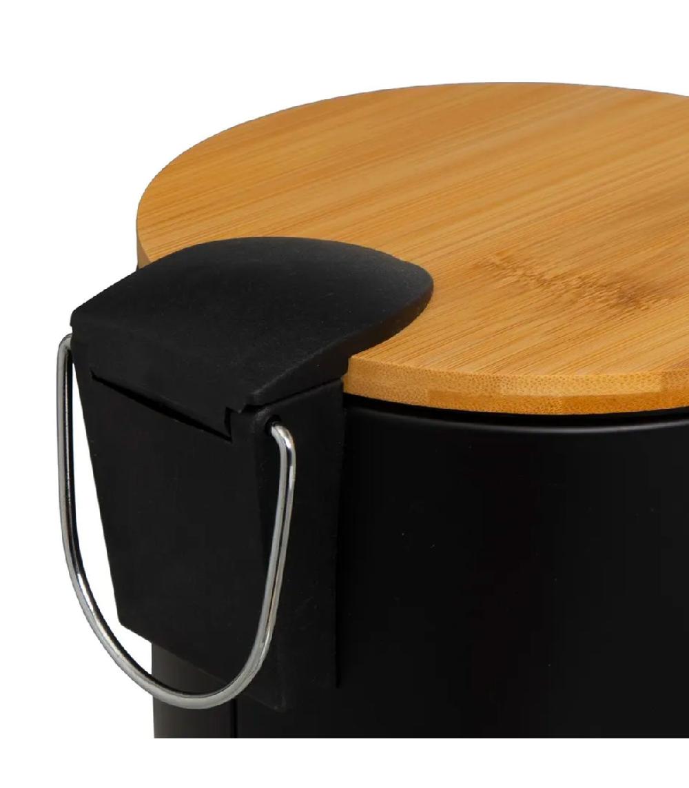 Wadiga Poubelle De Salle De Bain En Métal Noir Et Bambou 5L