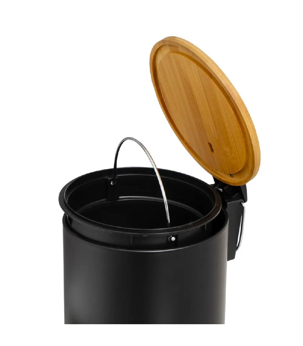 Wadiga Poubelle De Salle De Bain En Métal Noir Et Bambou 3L